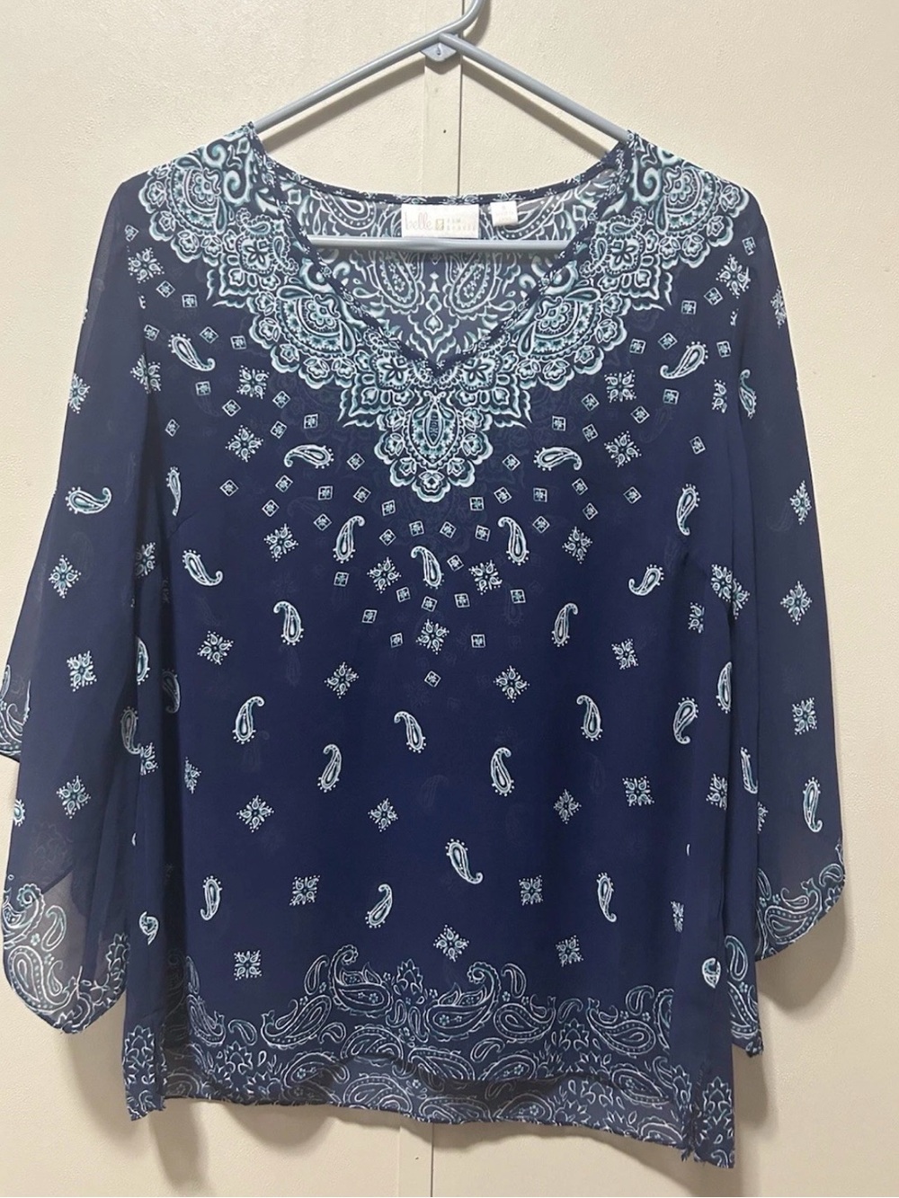 Belle by Kim Gravel Women’s Navy Blue Paisley V-Neck Blouse